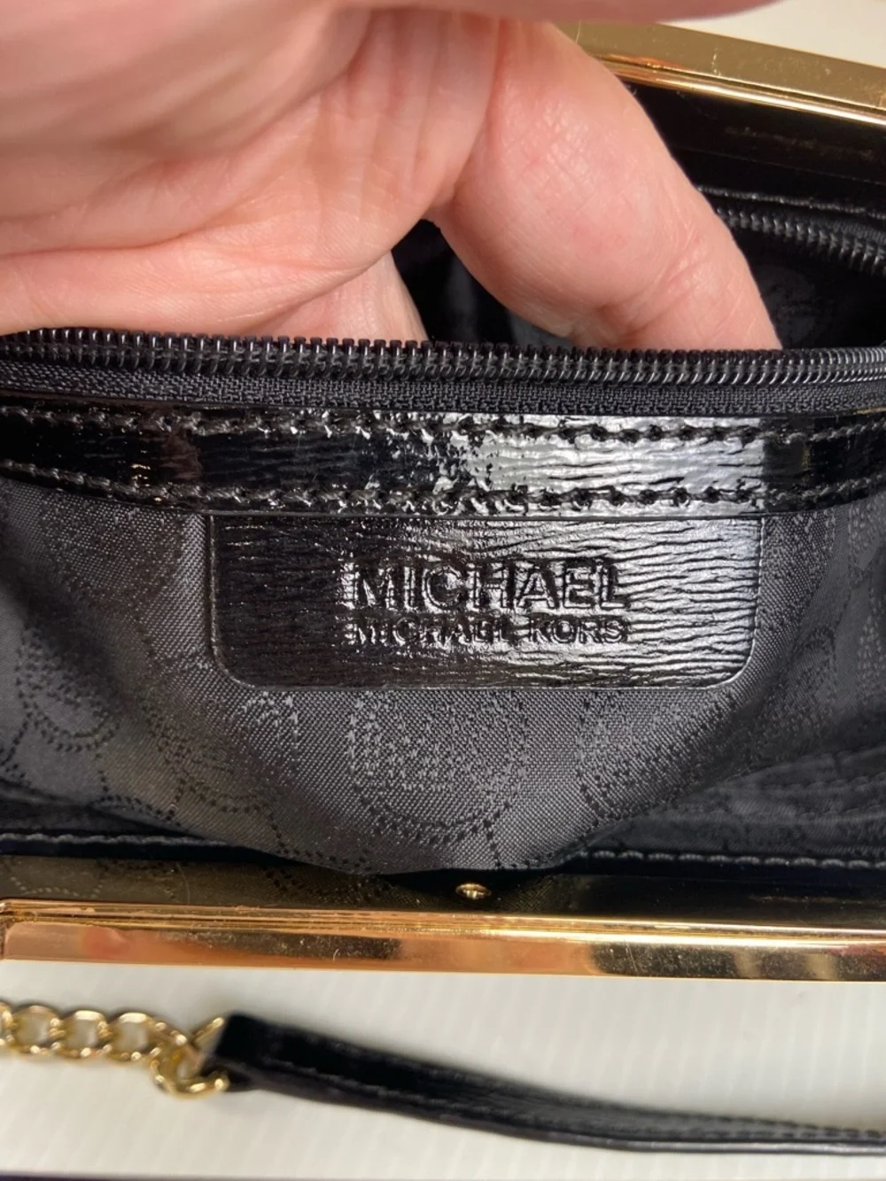 Michael Kors Black Leather Frame Clutch Gold Bar Handle Evening Bag Chain Strap
